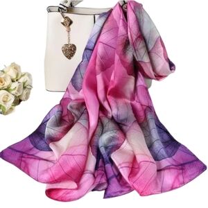 Vintage Silk Vibrant Pink and Purple Leaf Print Scarf 100% Silk